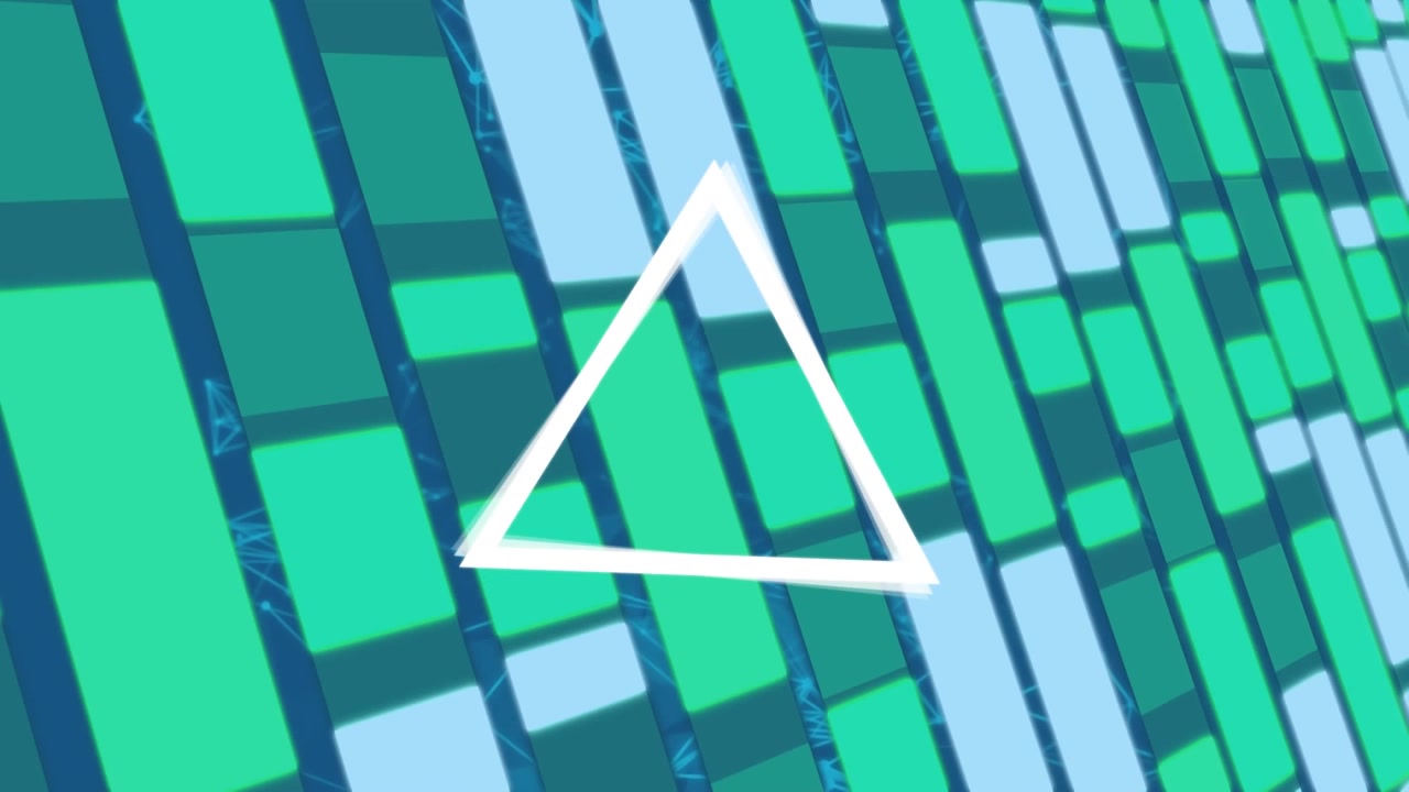Animation of shapes and triangles moving on blue background
