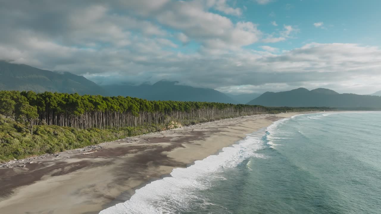 vista aérea panorámica de la larga costa arenosa salvaje y accidentada cubierta de madera flotante con árboles rimu nativos barridos por el viento de la bahía de bruce en el sur de westland, nueva zelanda aotearoa