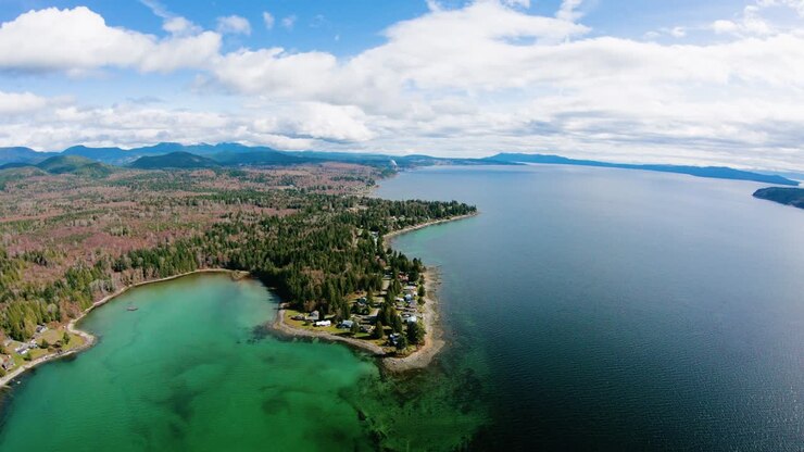 Klahanie Drive, Cala costiera con pozze di marea verde brillante, BC Sunshine Coast Powell River, Vista aerea a volo d'uccello