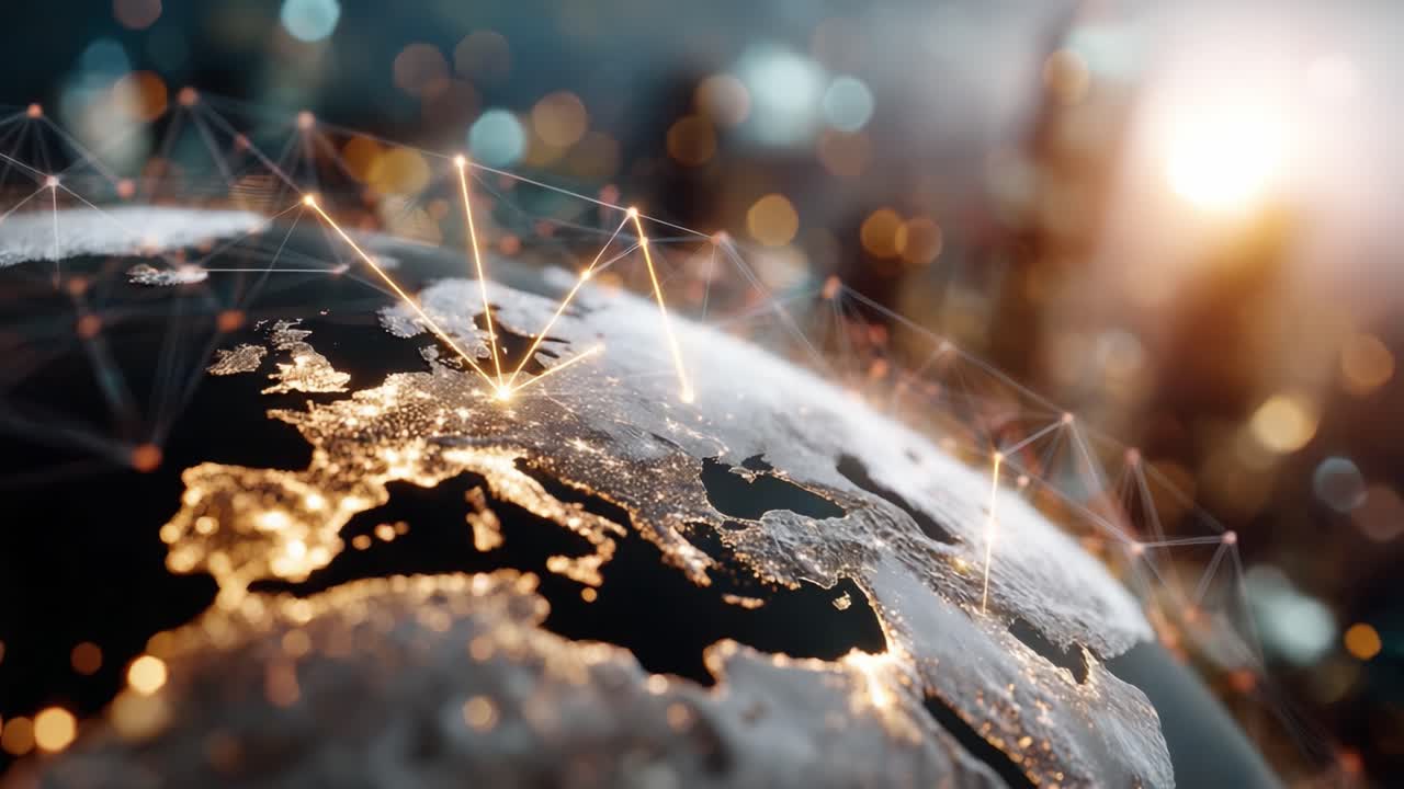 A Stunning Close-Up of Earth at Night Emphasizing Connected Cities with Bright Lights and Dynamic Network Connections Radiating from Europe
