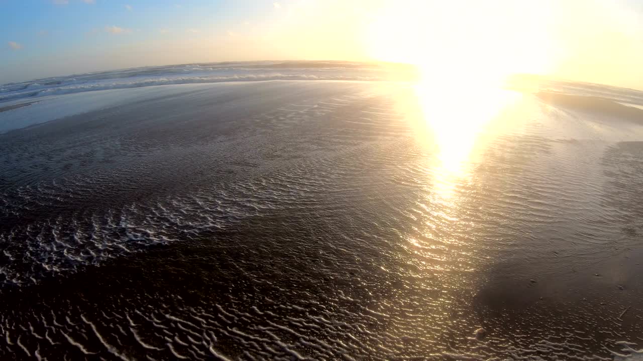 해변에서 폭풍의 해조류 거품, 파도와 함께 모래 해변, 북해, jütland, sondervig, 덴마크, 4k