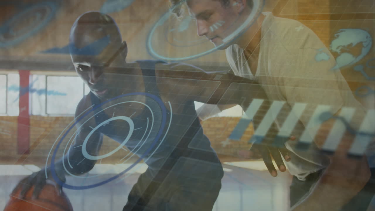 Basketball players in action with digital data processing animation overlay