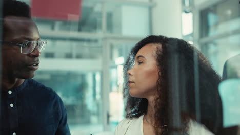 business people, teamwork and writing on glass