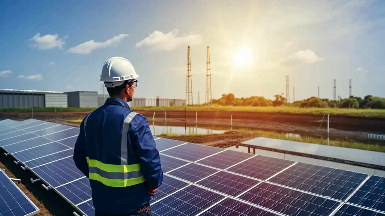 A video still shows a worker in a hard hat inspecting solar panels at sunset