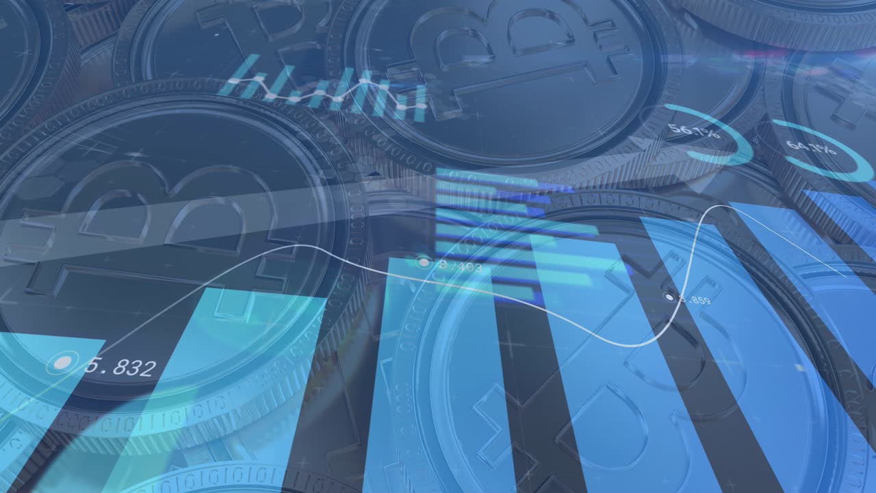 비트코인 위에 내려가는 빨간 화살표와 함께 금융 데이터 처리의 애니메이션