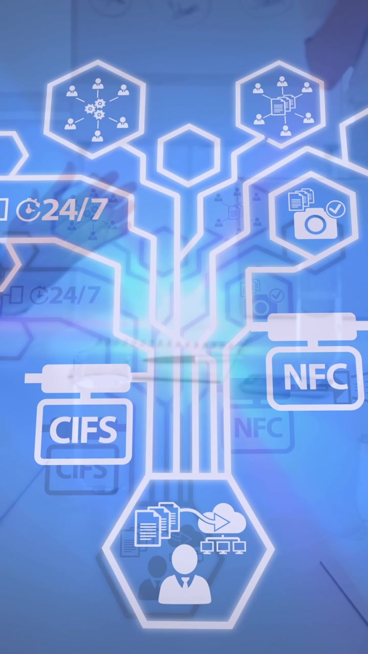 Animazione di una rete di icone digitali su diversi professionisti
