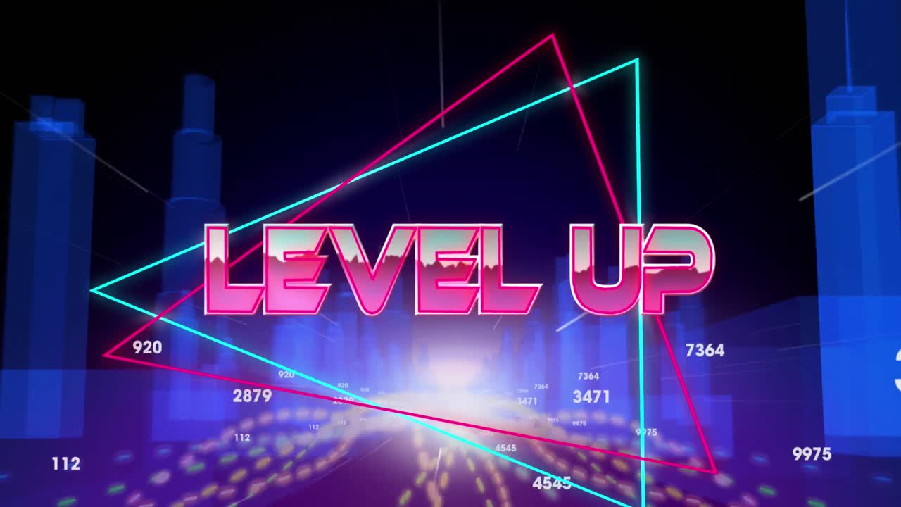 흑색 배경에 빛의 트레일과 3d 도시 모델 위에 레벨 업 텍스트 배너의 애니메이션