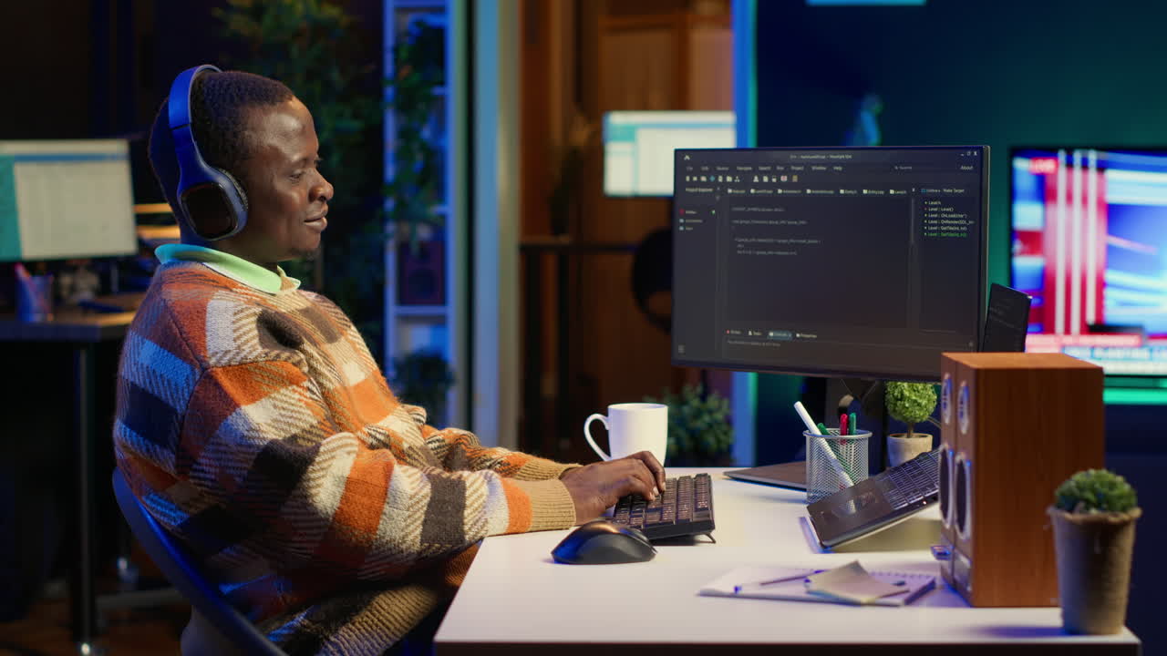 Man Working on Computer with Headphones