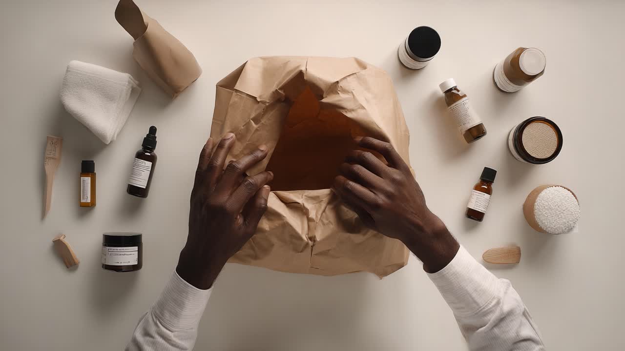 Unveiling the Contents: A Close-Up of Hands Peeling Back the Brown Paper Bag Revealing Assorted Beauty Products and Accessories on a Clean, Minimalistic Surface