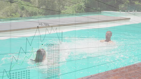 Graph-and-data-points-animation-over-people-swimming-in-pool