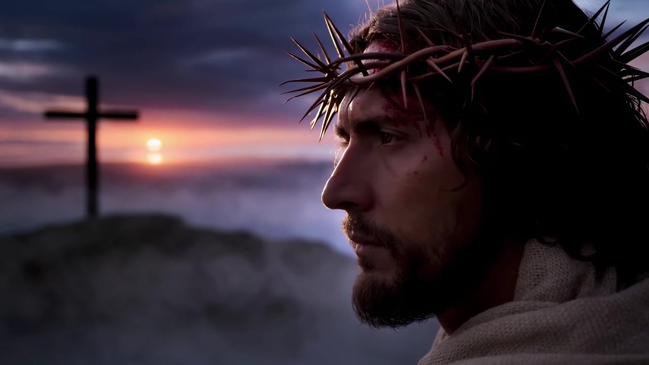 Jesus Christ with Crown of Thorns and Cross at Sunset