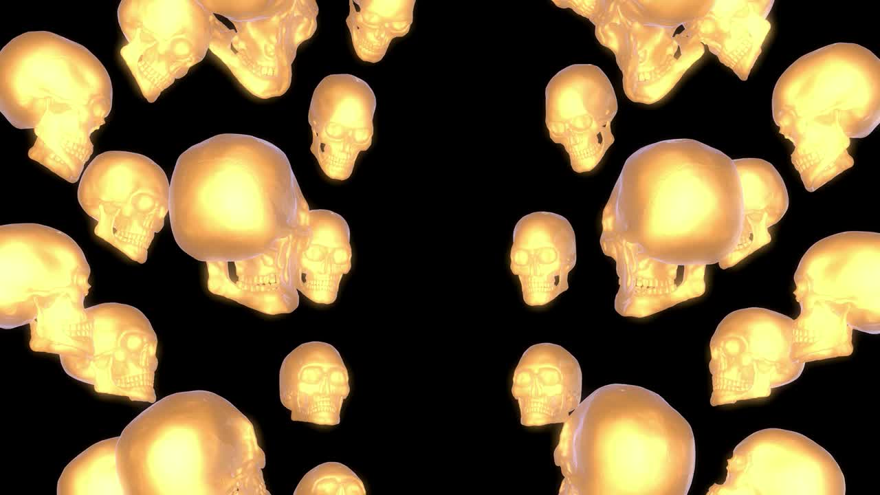 Multiple human skulls facing each other in golden and black colour 3D rendering and 3d illustration