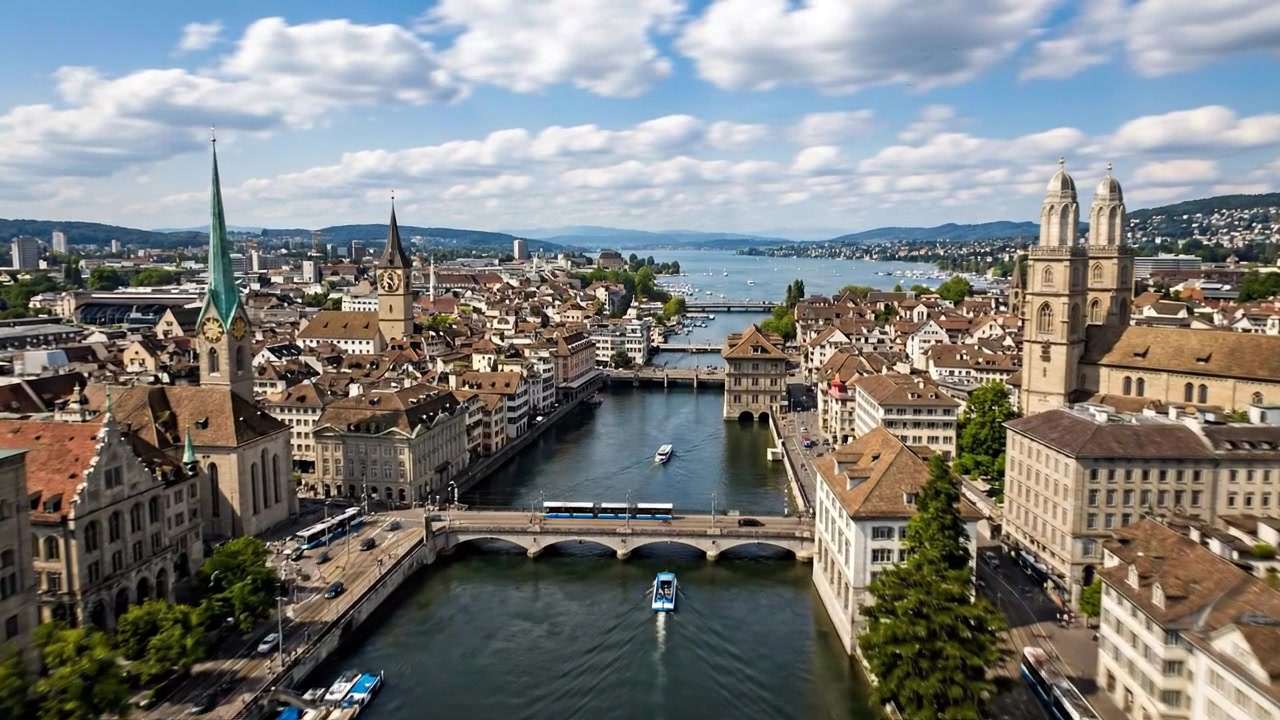 Vista Aérea da Paisagem Urbana de Zurique e do Rio Limmat