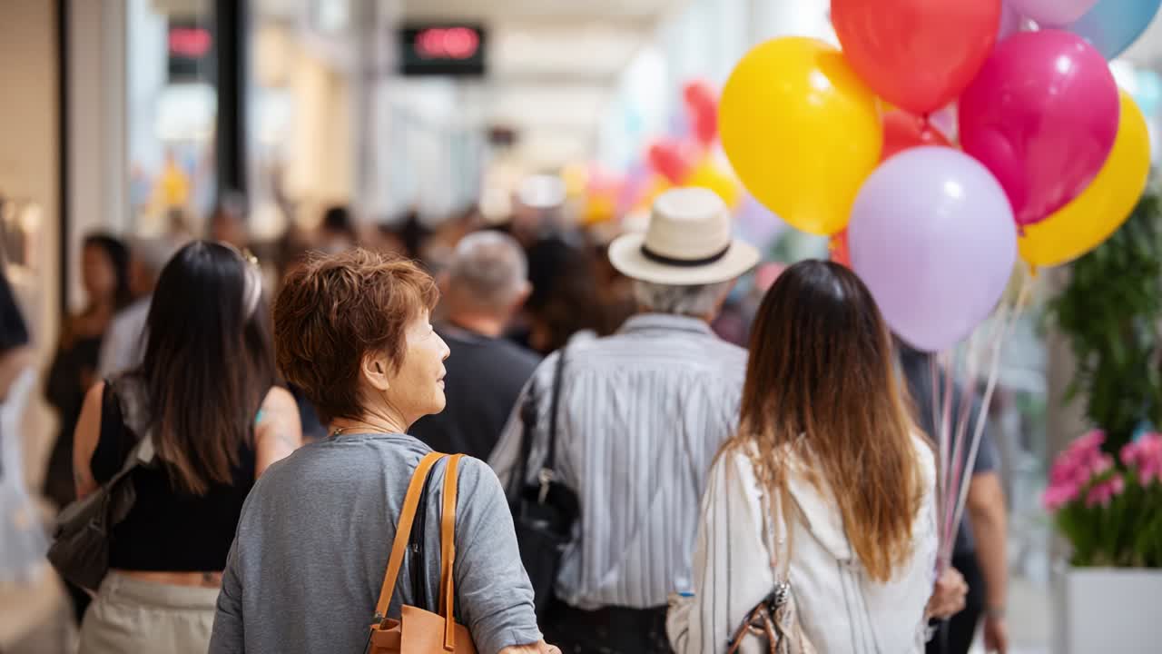 A lively shopping scene captures a joyful moment as a woman walks through a bustling mall filled with people, carrying colorful balloons that add a festive touch to the vibrant atmosphere
