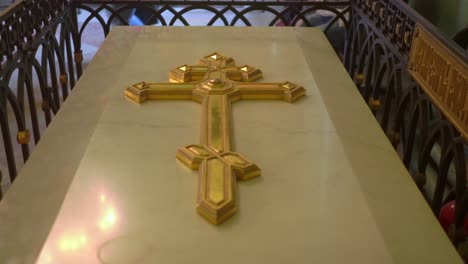 marble coffin with orthodox cross of russian tsar in peter and paul cathedral saint petersburg