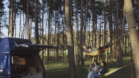 a multiethnic group of friends toasting happily with their refreshments sitting in their hammocks in the forest