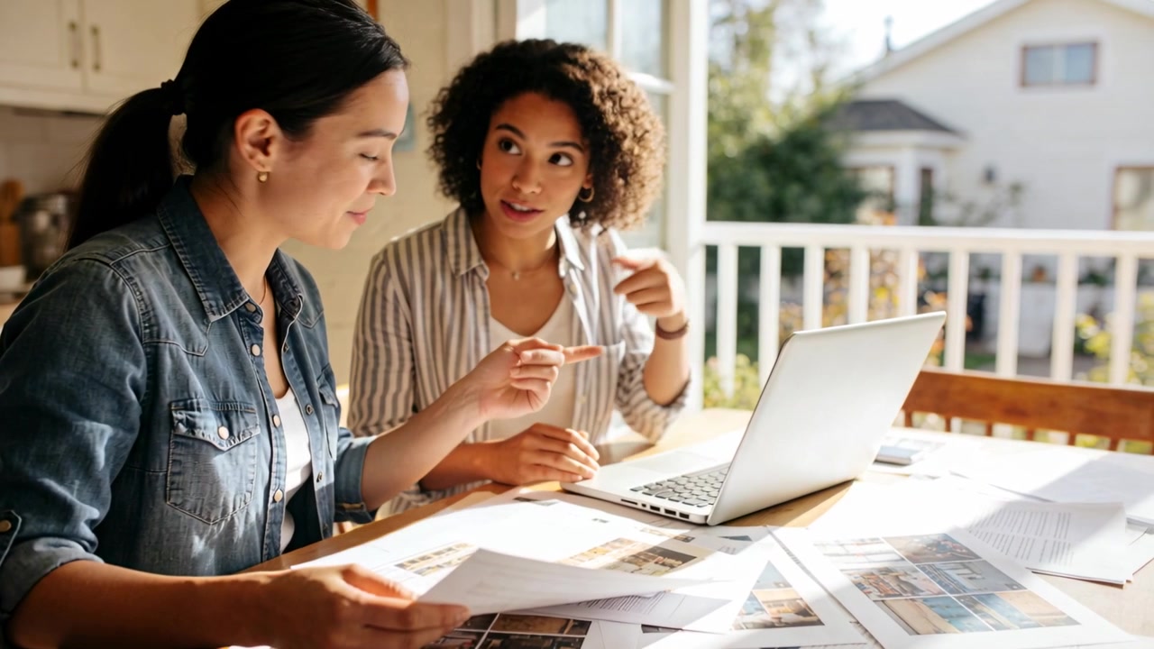 Spreading layouts, two women pointing, exchanging at home table with laptop for planning