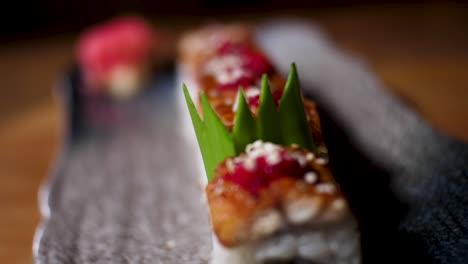 close-up of a dragon roll sushi