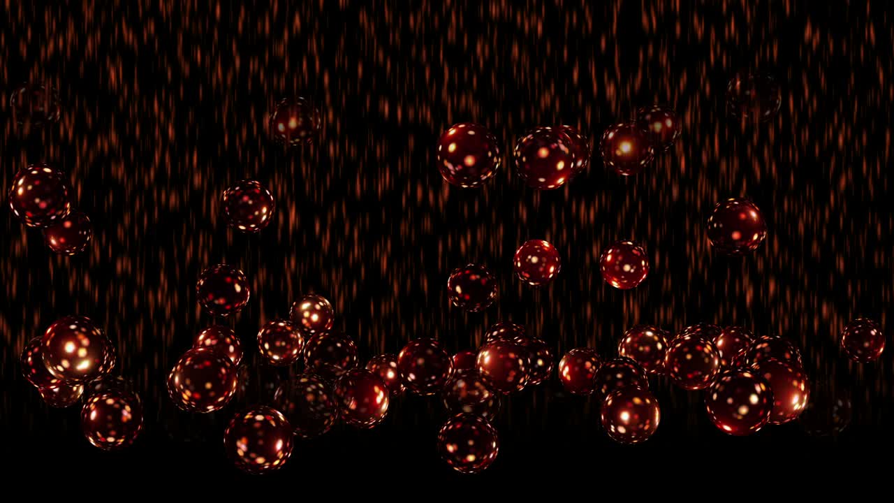 불타는 박이는 공, 떨어지고 바닥에서 반사되는 물체의 비, 추상적인 현상의 애니메이션.