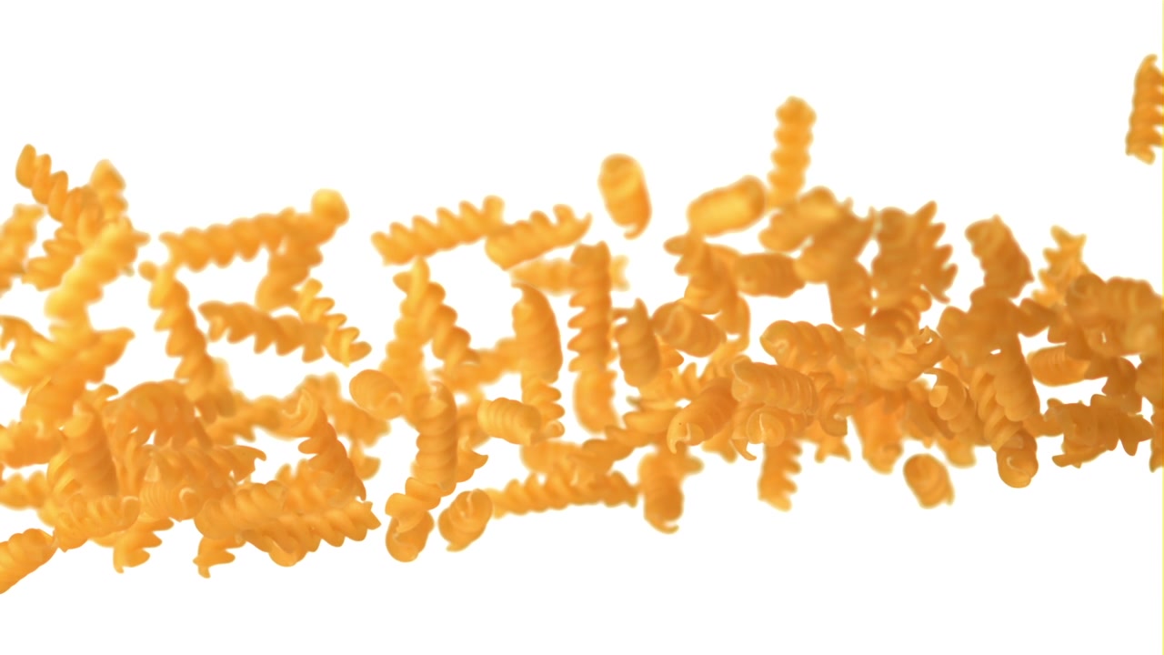 Massa Fusilli Crua Caindo e Flutuando em Fundo Branco