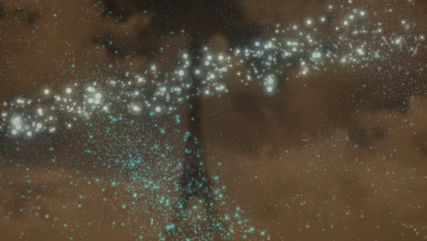 animación de estrella fugaz y nieve cayendo sobre la torre eiffel sobre un fondo marrón