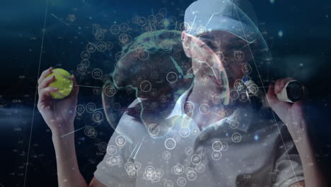 female tennis player holding racket and ball, showcasing technology with holographic data globe