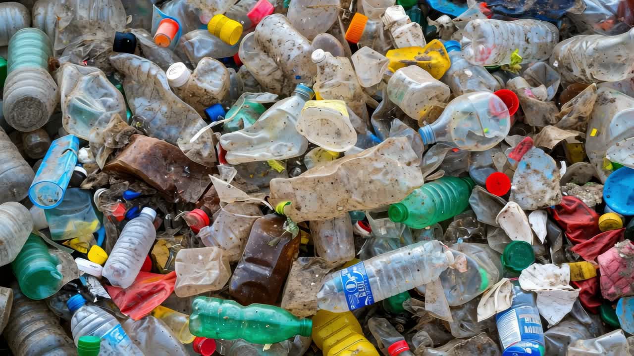 Plastic bottles and containers discarded and piled up, polluting the environment and representing a serious ecological problem requiring urgent recycling and responsible waste management