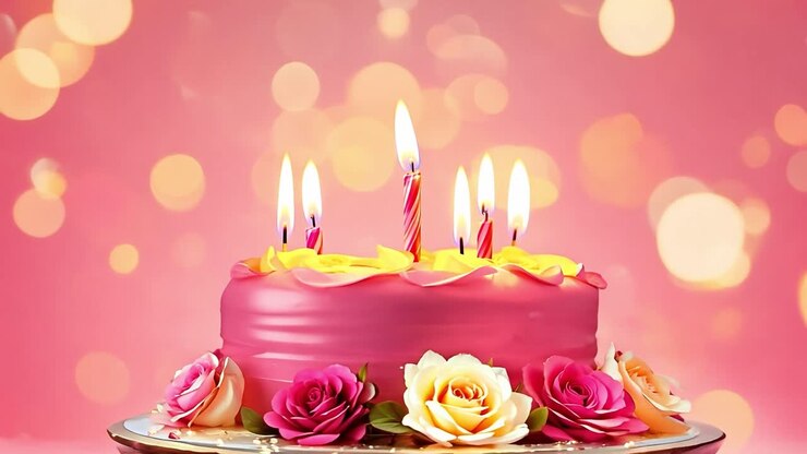 Birthday Cake with Candles and Flowers