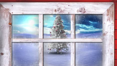 Animación-De-Nieve-Cayendo-Y-árbol-De-Navidad-En-Un-Paisaje-Invernal-Visto-A-Través-De-La-Ventana.