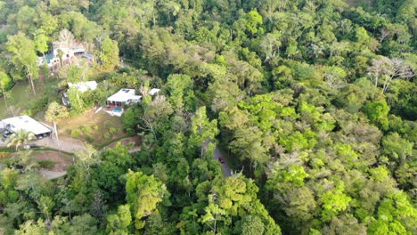 Costa-Rica-drone-top-view-of-a-tree-forest-with-a-road-in-the-middle-and-lifting-the-camera-to-see-the-horizon-with-a-green-mountain-on-a-sunny-day