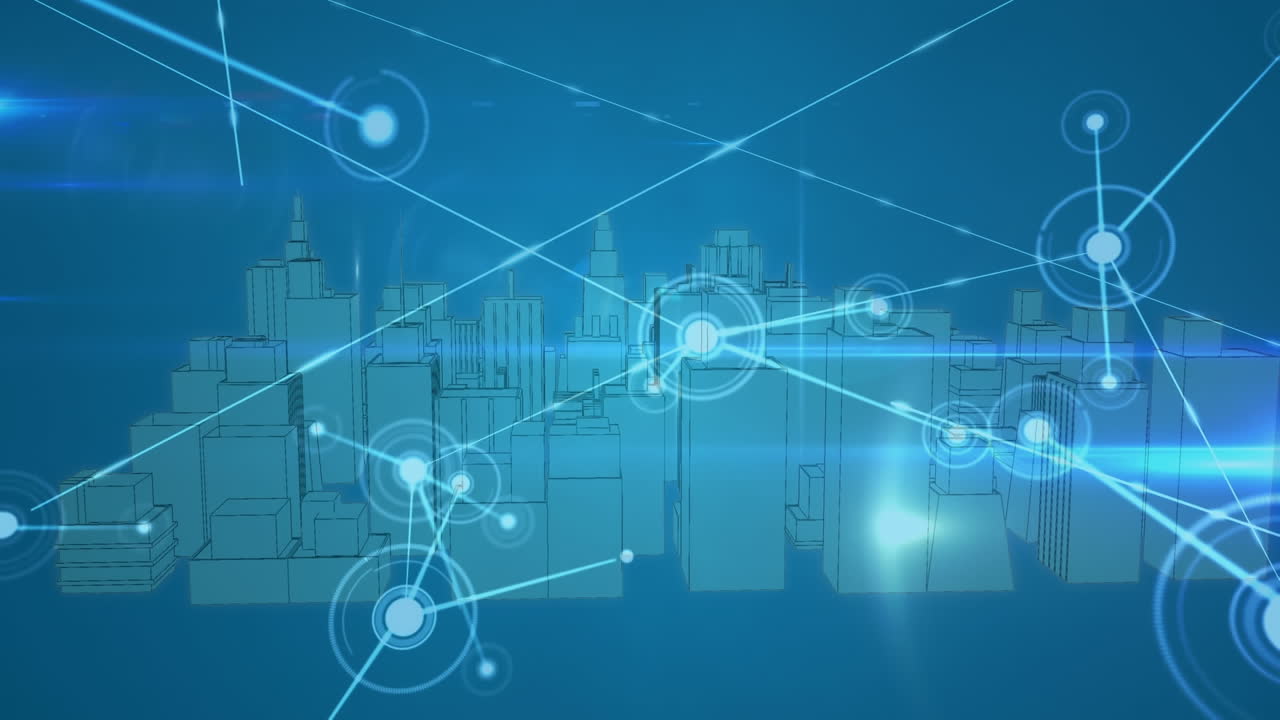 Animation of network of connections with spots over 3d cityscape on blue background