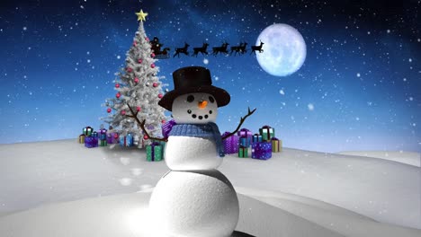 Animation-of-snow-falling-over-snowman-in-winter-landscape