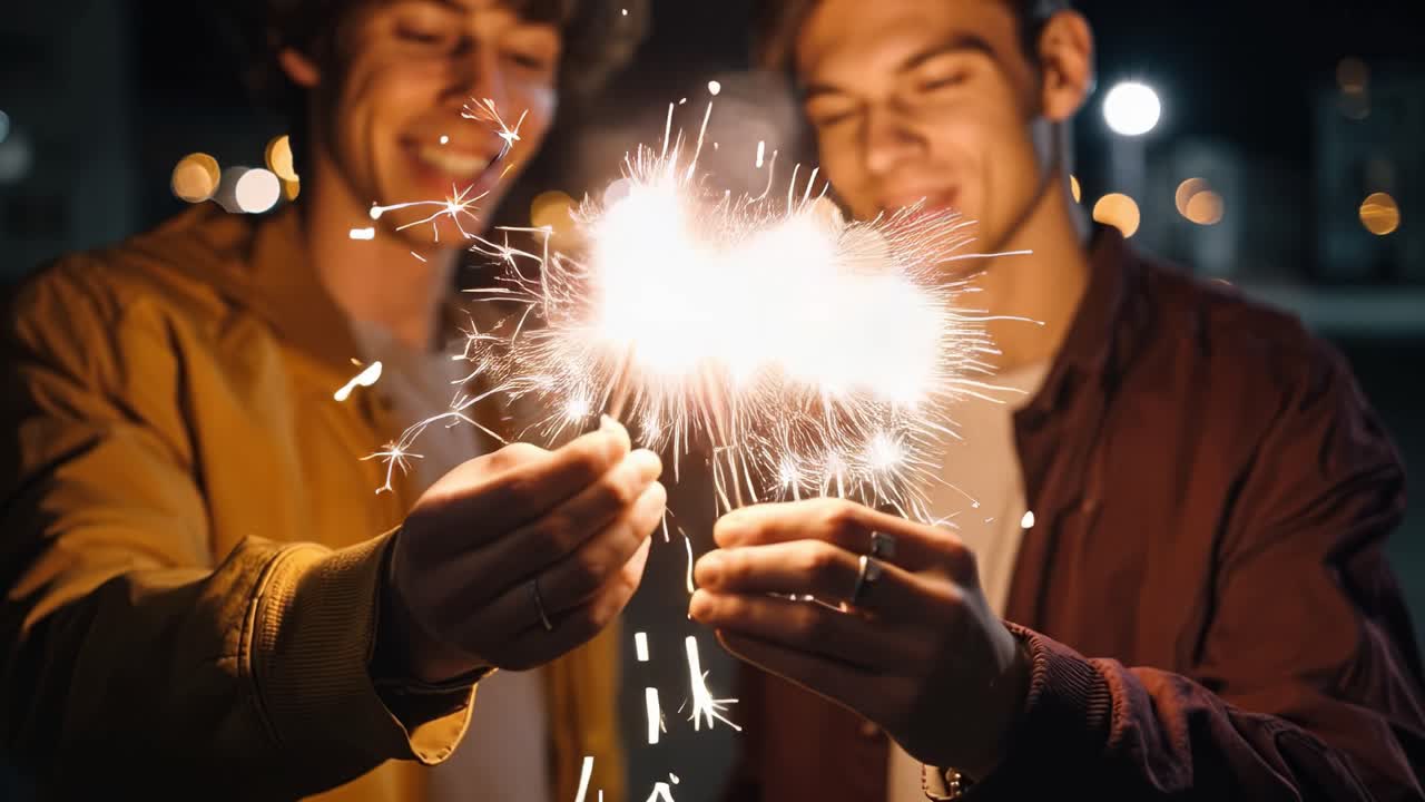 Due amici festeggiano con stelle filanti durante una notte festiva, illuminati dal bagliore dei fuochi d'artificio e da luci scintillanti sullo sfondo, sorridendo gioiosamente.
