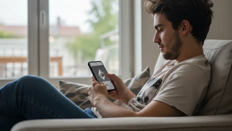 Young man casually engaged with his smartphone, viewing captivating content while relaxing on a comfortable couch in a cozy living space, surrounded by natural light