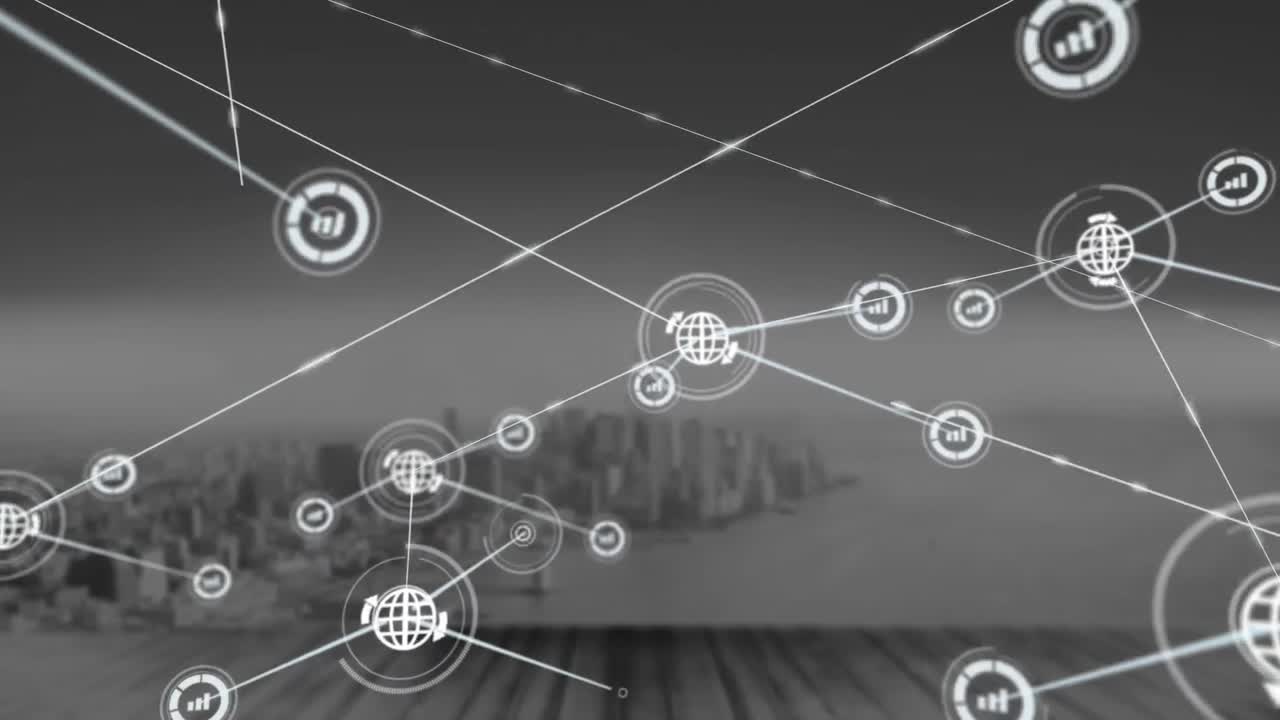 conectores que se mueven en el paisaje urbano de fondo