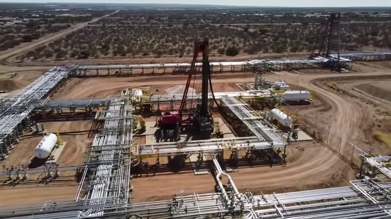 Aerial View of Industrial Oil Extraction Facility with Pipelines and Machinery in a Remote Landscape