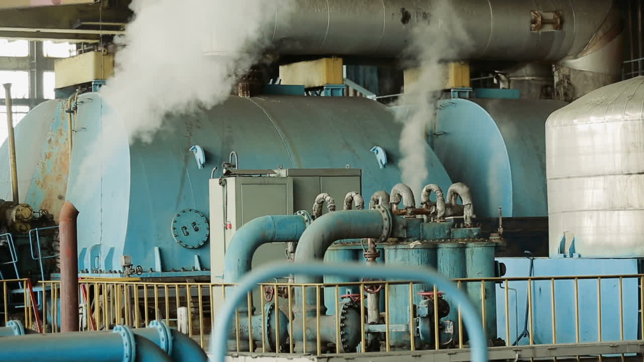 Power plant machine interior. Power plant workshop in power plant with turbines
