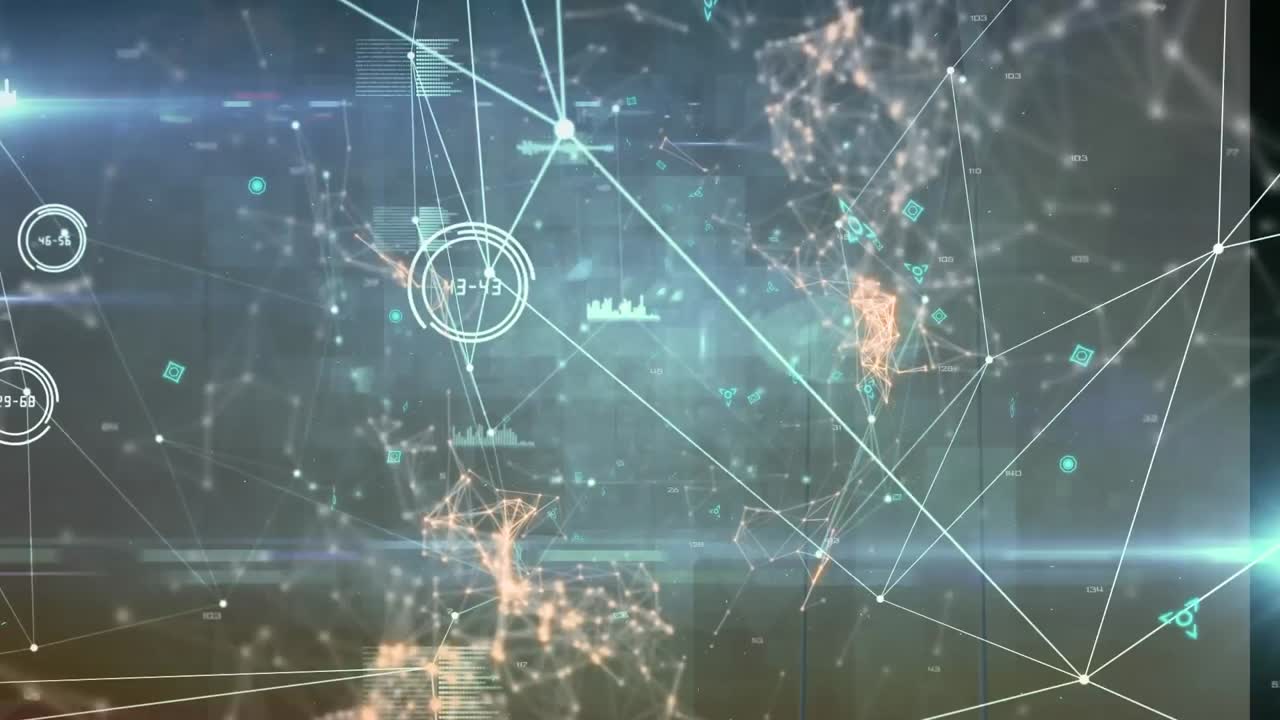 Animation of data processing and network of connections over cityscape