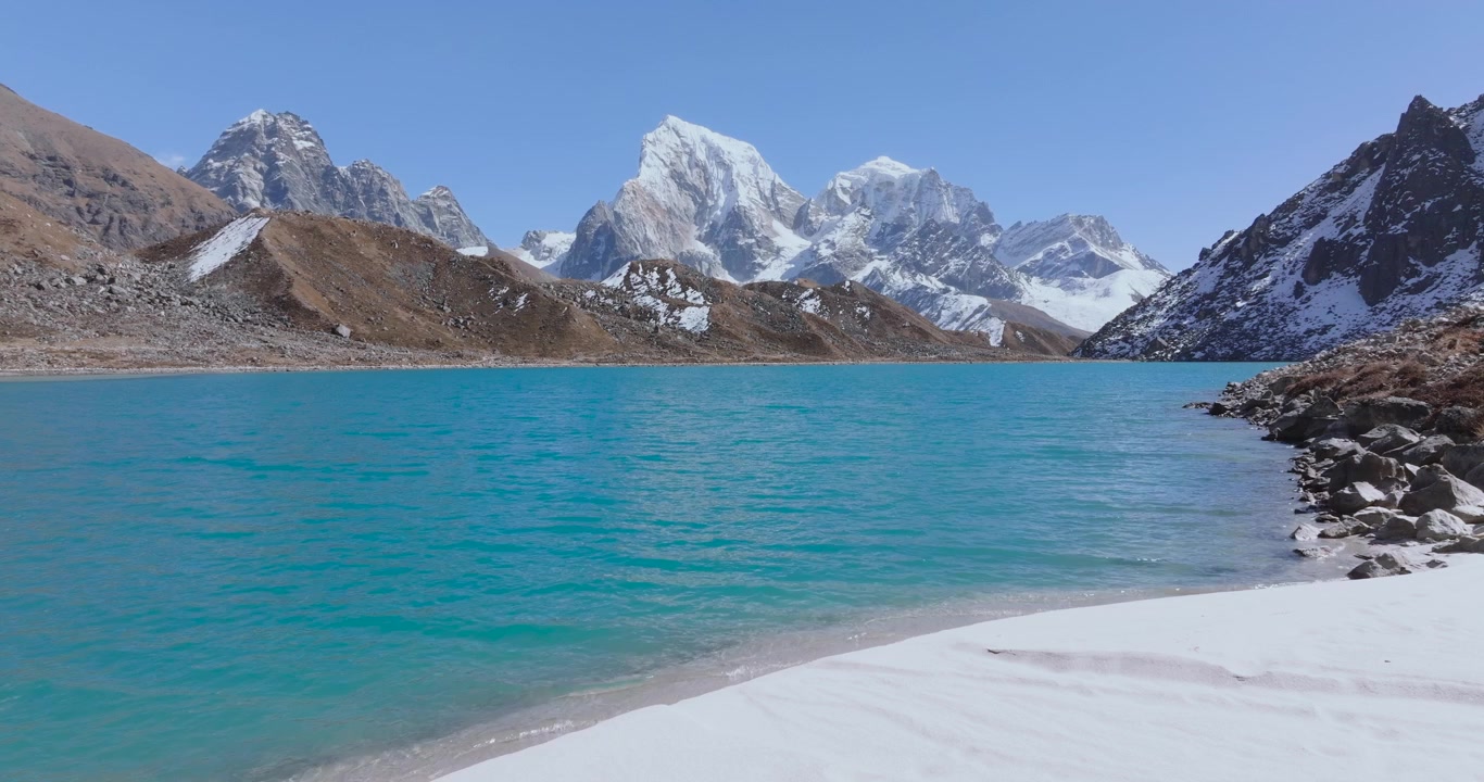 Lago Gokyo, Región del Everest Khumbu, Nepal, toma panorámica estática de las aguas turquesas de un lago glacial azul con orillas cubiertas de nieve y los prominentes picos de Cholatse y Taboche