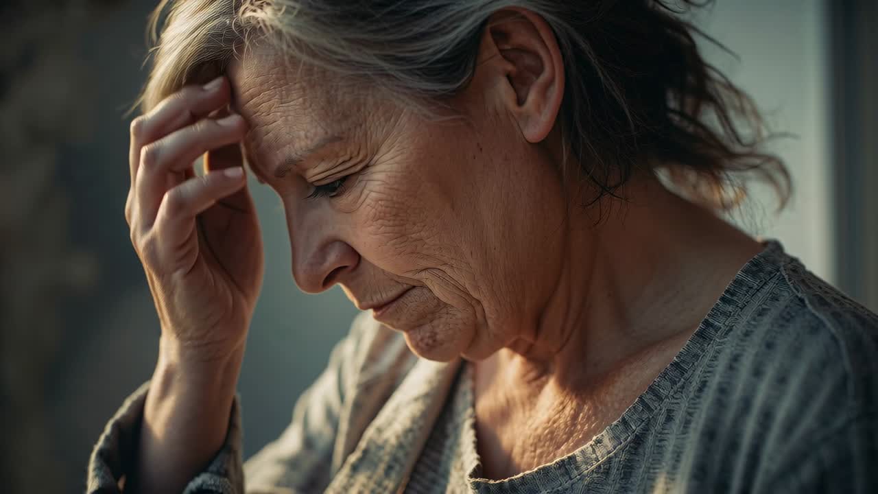 Donna anziana in top di lino si tocca la testa, avvertendo un dolore acuto, e porta una mano alla tempia vicino alla finestra.
