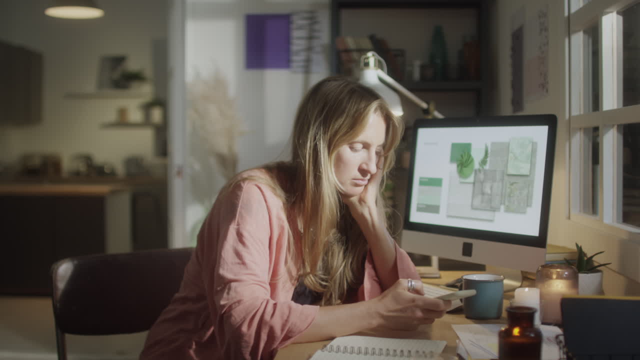 Woman Using Phone at Cozy Home Workplace