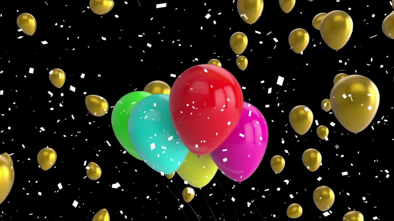 animación de confeti cayendo sobre globos sobre un fondo negro