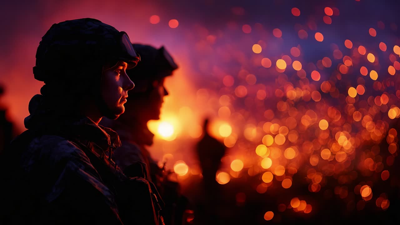 In the Heart of the Inferno: Two Soldiers Face the Fiery Horizon, Resilient Amidst Chaos and Uncertainty, Their Gaze Meeting as the Flames Flicker and the Night Sky Glows with Embers and Ashes