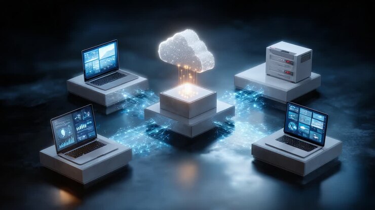 A Visual Representation of Cloud Computing: Multiple Laptops Connected to a Centralized Cloud Server with Dynamic Data Streams Illustrating Digital Interaction