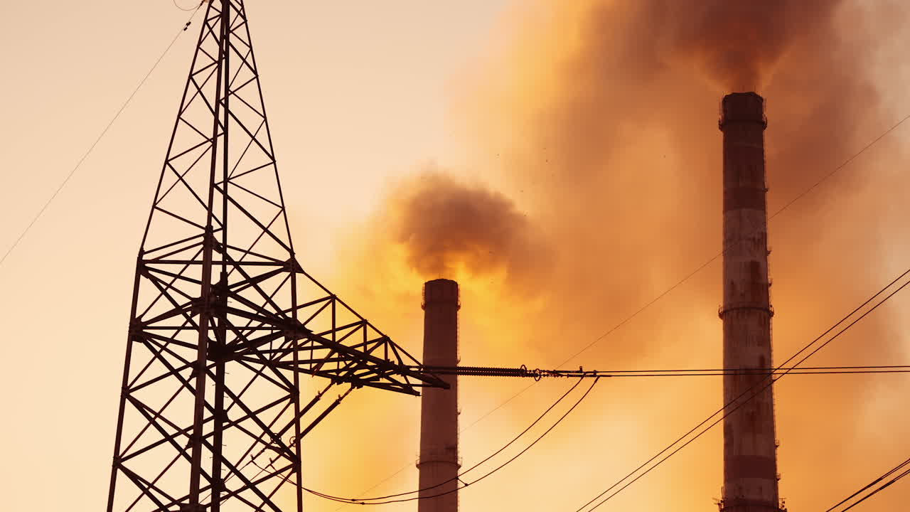 Orange fumes from factory pipes. Dirty clouds of emissions from thick chimneys filling the air. Electricity tower on the background of dark smoke from industry.