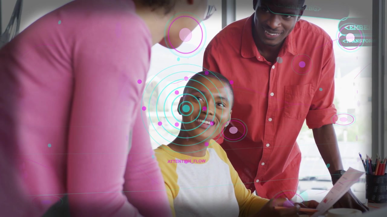 Seated woman tapping phone, HUD nodes tracking face while team leaning in reviewing training log