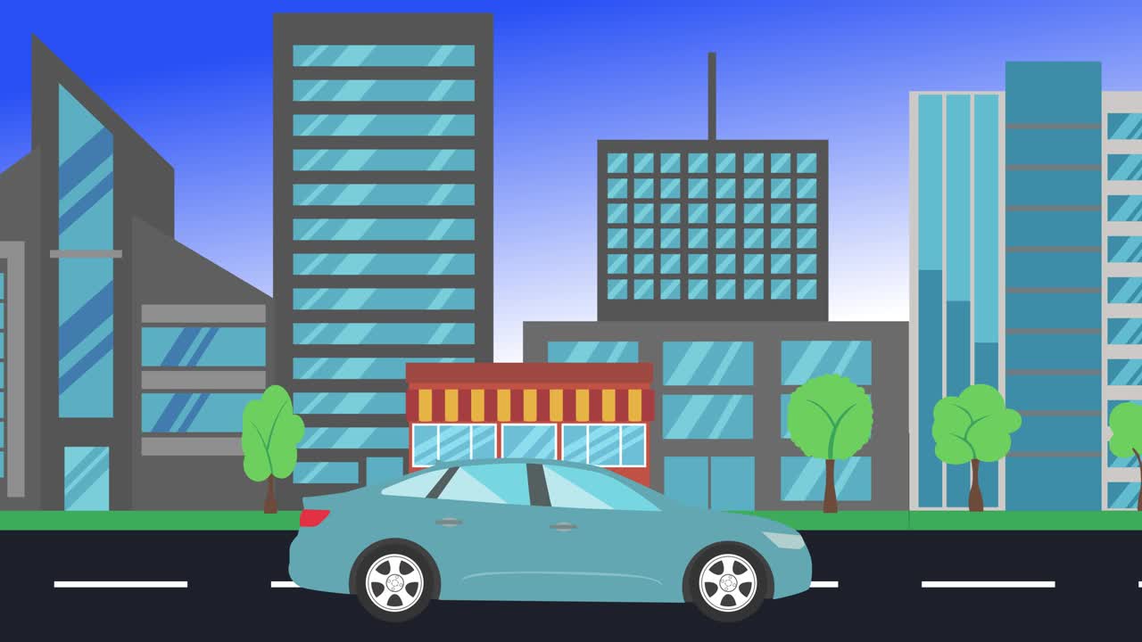 guida di auto in giro per la città vista laterale, animazione a loop, sfondo a disegno piatto
