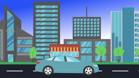 viajes en coche por la ciudad vista lateral, animación en bucle, fondo de diseño plano