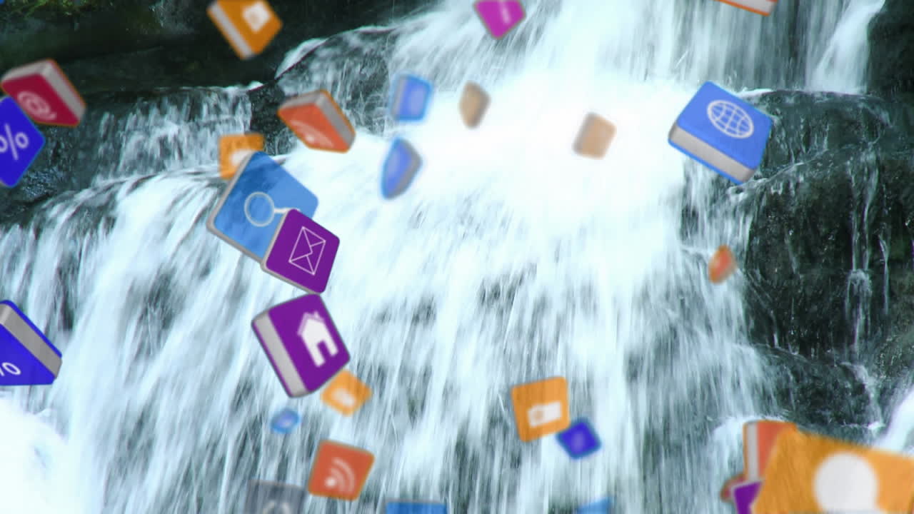 animación de iconos digitales flotando sobre el paisaje de la cascada