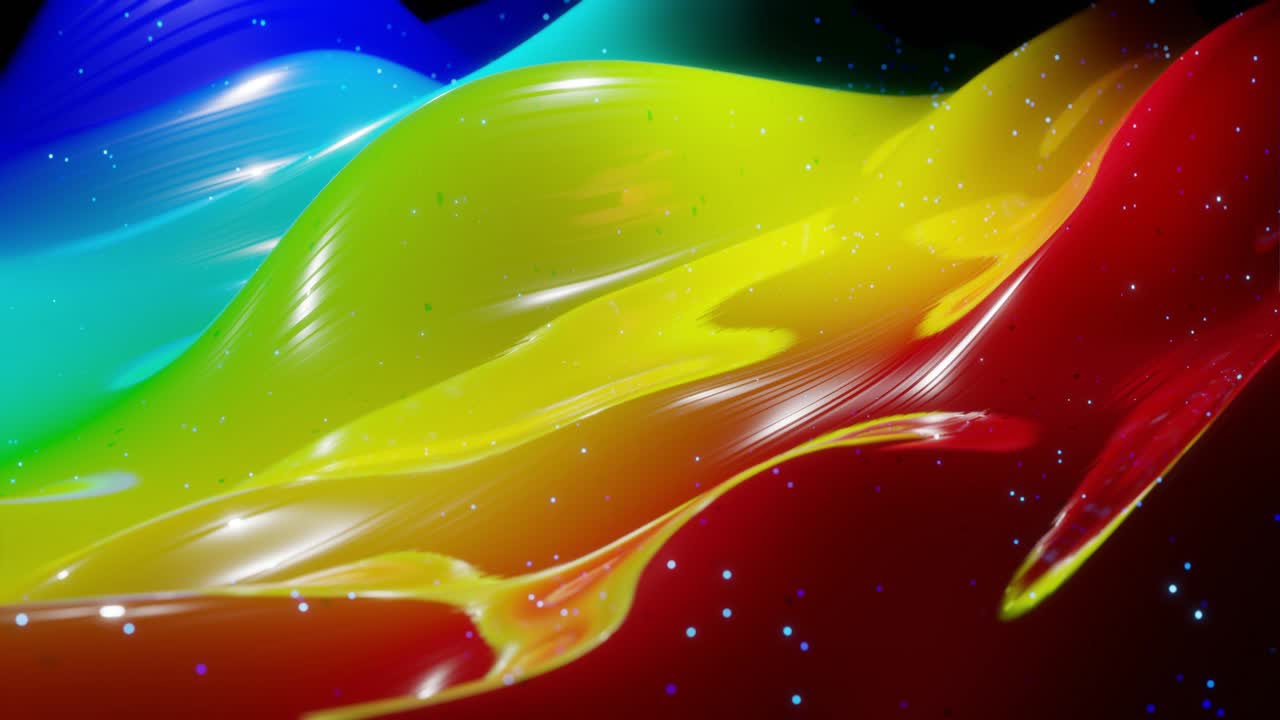superficie 3d abstracta con hermosas olas, chispas luminosas y gradiente de colores brillantes, colores del arco iris. las olas corren en una superficie muy brillante y brillante con brillo brillante. animación en bucle 4k